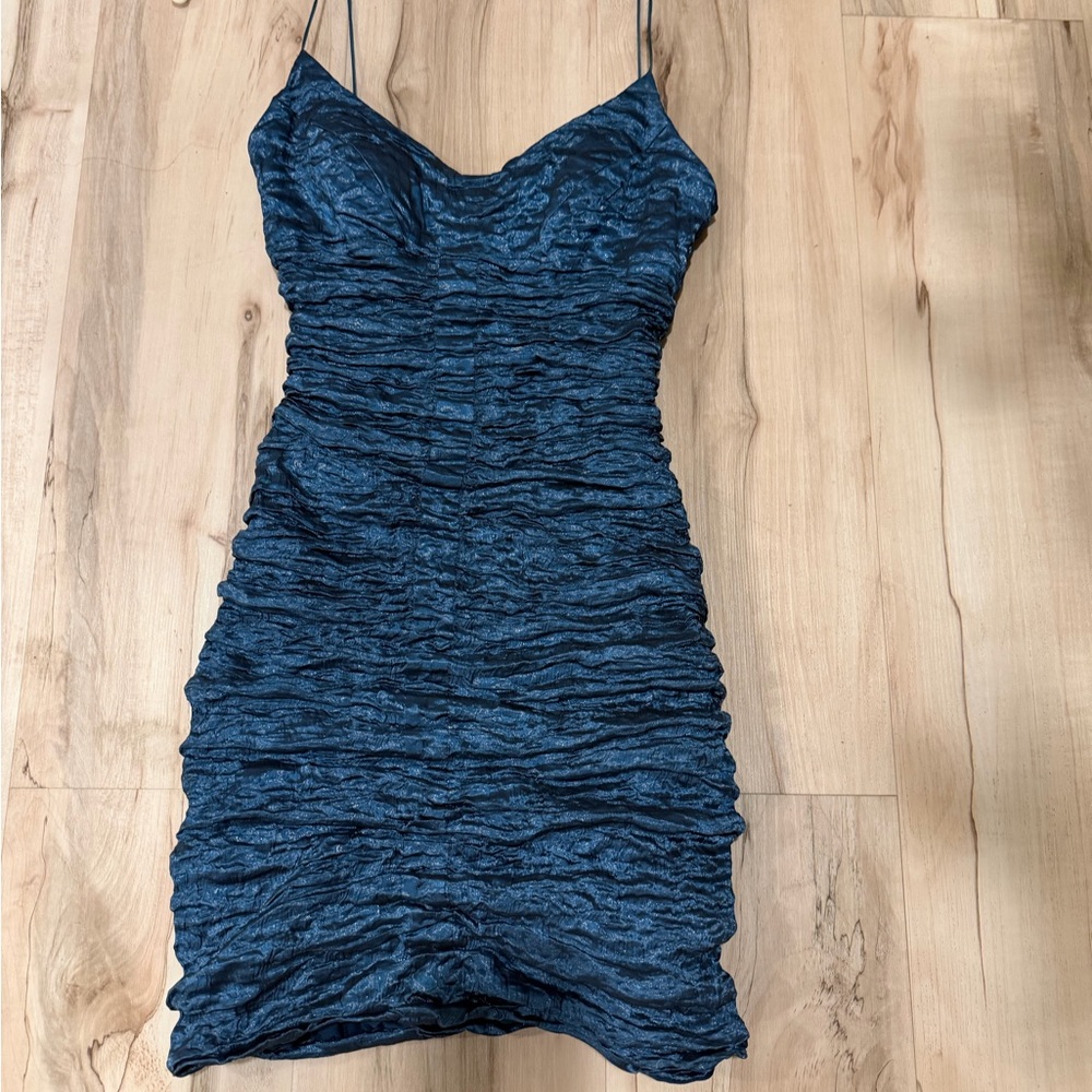 NICOLE MILLER Blue Ruched Mini Dress with Spaghetti Straps
